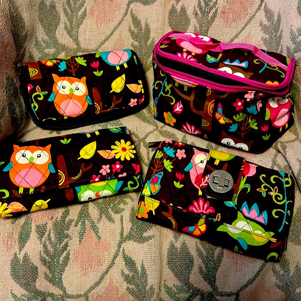 Set of owl wallets and makeup bag